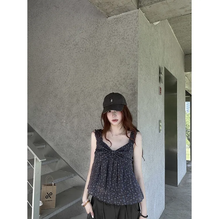 法式韩系小碎花吊带背心女夏小众设计感宽松显瘦百搭短款无袖上衣