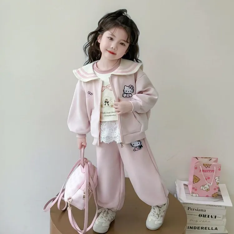 女童猫咪秋装套装2025新款洋气长袖海军领女宝春秋时髦两件套