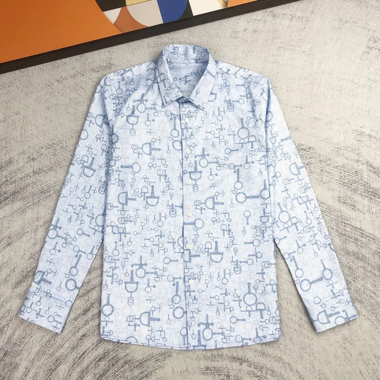 欧式蓝色马蹄铁设计印花男士帅气修身休闲潮流时尚花衬衣男