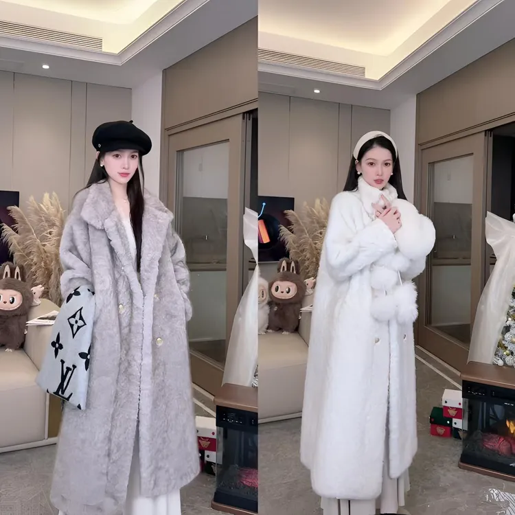 冬新款小立领环保毛毛外套加厚皮毛一体千金风长款大衣
