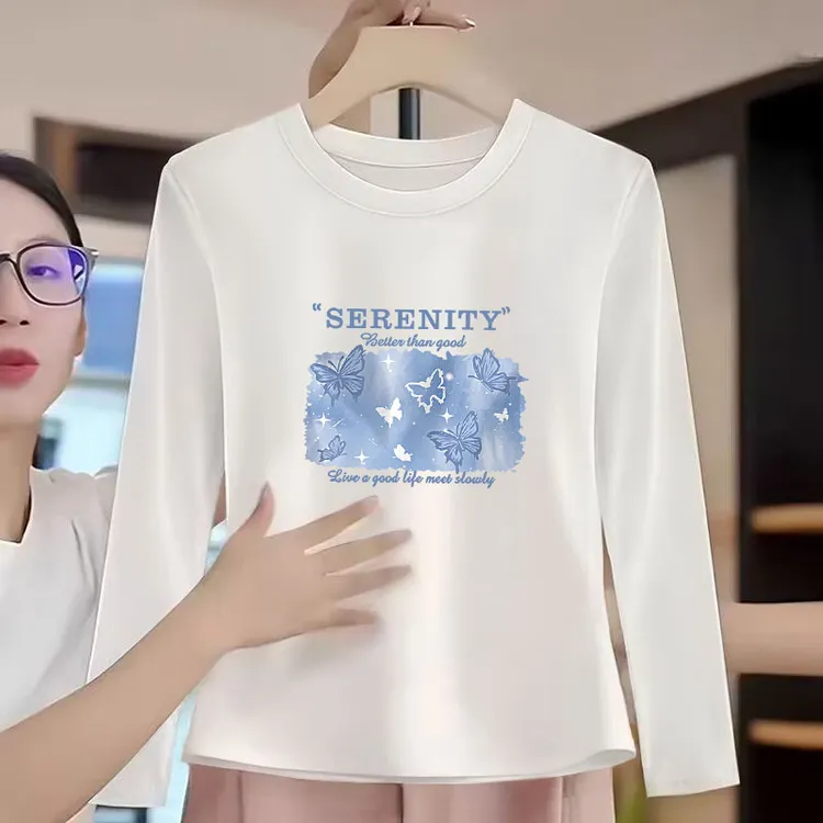 100%纯棉洋气长袖t恤衫女2025春秋新款圆领印花小众显瘦薄款上衣