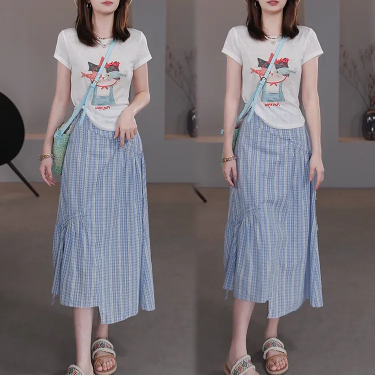 宽松薄款印花短袖T恤女士2025夏季新款高腰半身裙减龄时尚两件套