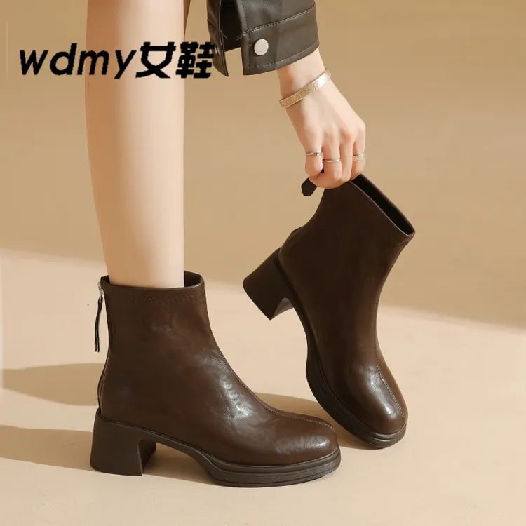 wdmy防水台马丁靴极简风瘦瘦靴厚底黑色皮靴秋冬靴子方头不勒脚