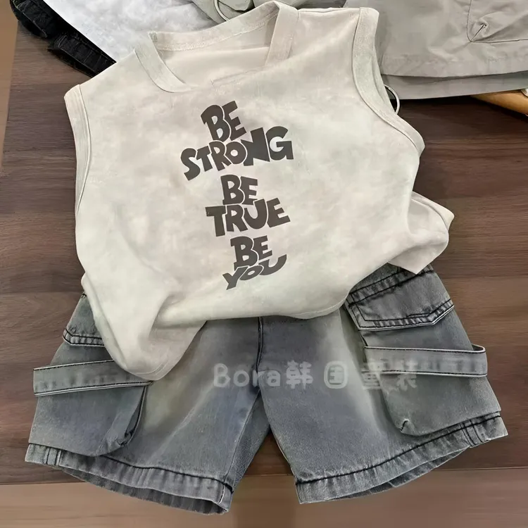 韩国童装男童套装2025爆款春夏洋气时髦背心儿童新品牛仔短裤夏款