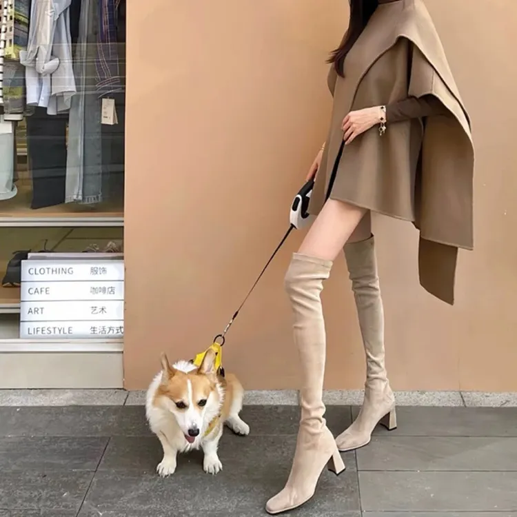 时尚靴5050方头粗跟瘦腿过膝长靴女高跟高筒靴秋冬显瘦弹力长筒靴