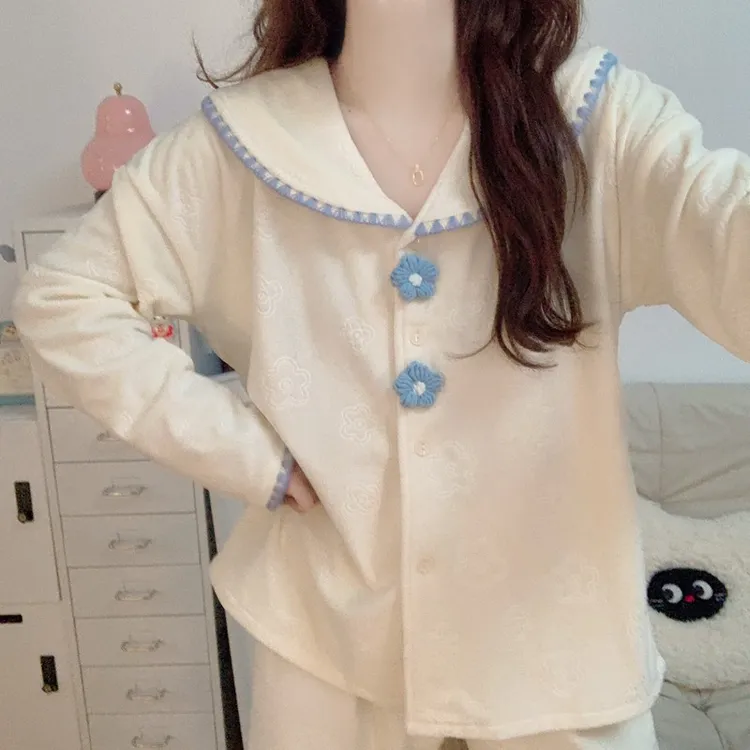 加厚海岛绒睡衣女春秋冬季新款甜美花朵可外穿保暖薄绒家居服套装