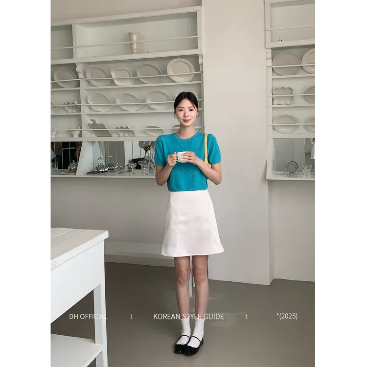 DH OFFICIAL 大花【松石蓝屿 blue】浪漫风显瘦百搭减龄短袖毛衣