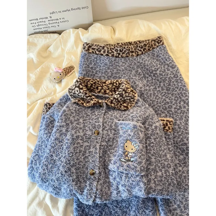 蓝色豹纹凯蒂猫保暖半边绒睡衣女秋冬新款慵懒风家居服可外穿套装