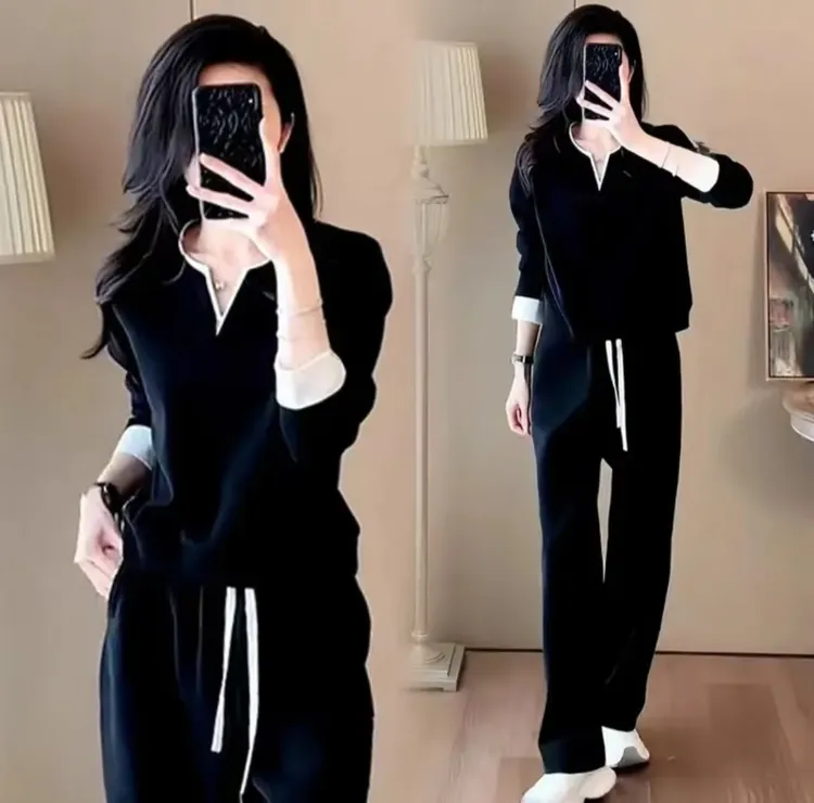 5188休闲风运动套装女2025秋季新款韩版V领宽松卫衣时尚两件套
