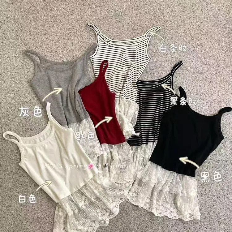 超级百搭!复古风格蕾丝边纯色条纹吊带背心65126#GLP