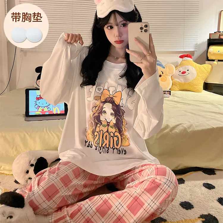 带胸垫睡衣女款春秋季长袖12大童少女初中学生15岁女孩青少年套装