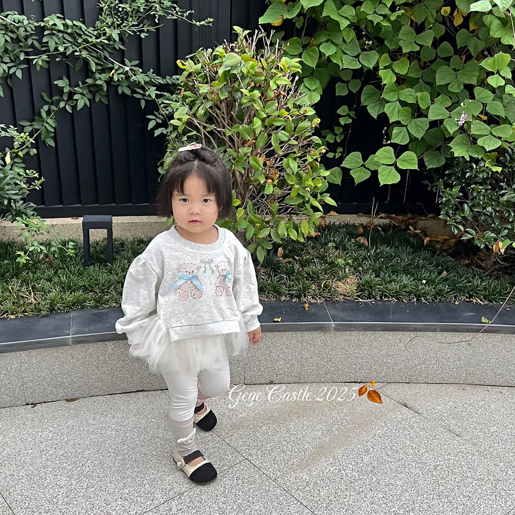 韩版童装2025新款秋季女童拼纱小熊卫衣儿童卡通拼接打底裤两件套