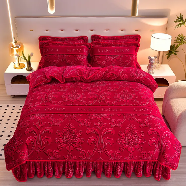 新款牛奶绒四件套8-9斤秋冬季加厚保暖双面绒床裙款家纺床上用品