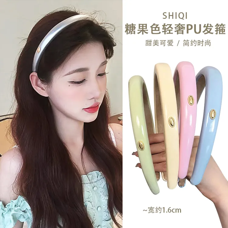 甜美轻奢皮质海绵细发箍韩系小金标亮面pu头箍压发糖果色精致发卡