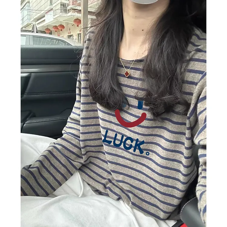 美式复古灰色打底衫女内搭印花上衣秋冬新款撞色条纹宽松长袖t恤