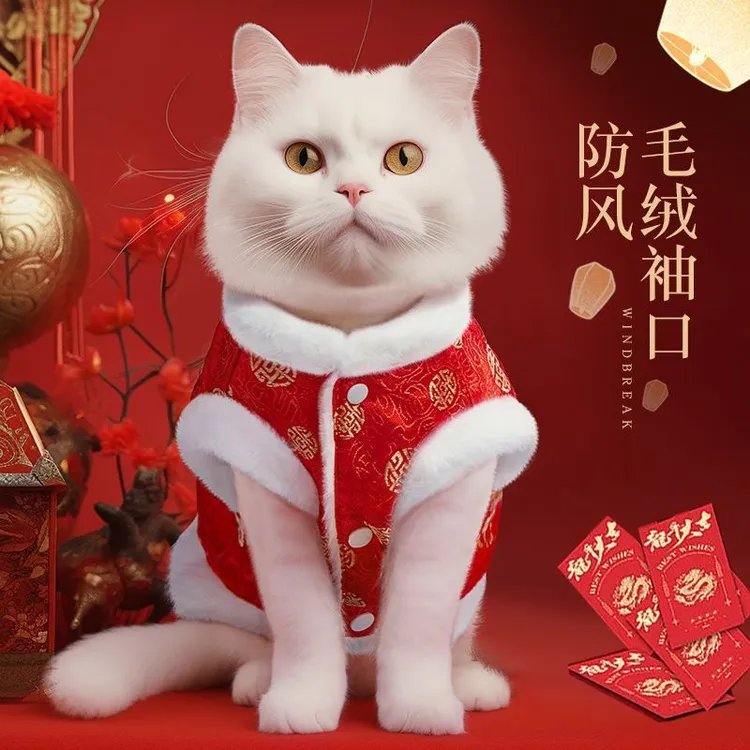 新年宠物小猫秋冬季加厚保暖中式喜庆拜年唐装加绒布偶猫马甲通用
