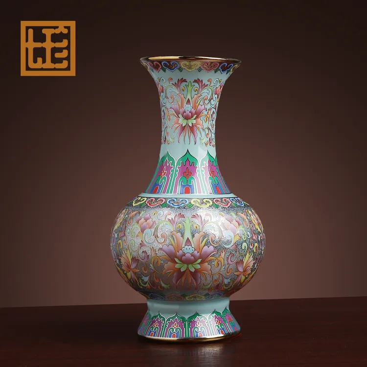 七珍陶瓷摆件《绿色珐琅花瓶》客厅家用插干花瓶子珐琅彩陶瓷花瓶