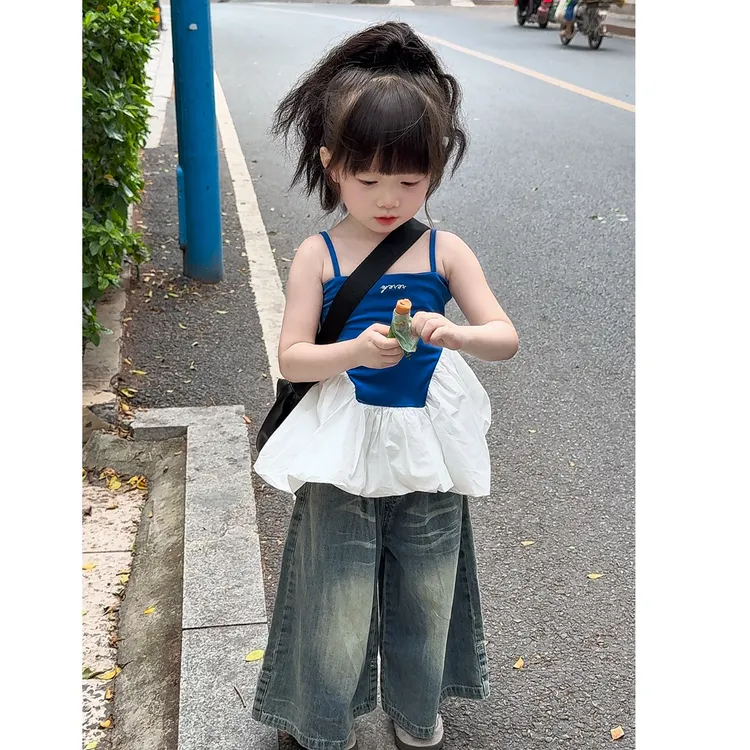 女童韩版套装吊带背心外穿夏季儿童小女孩洋气拼色时髦上衣牛仔裤
