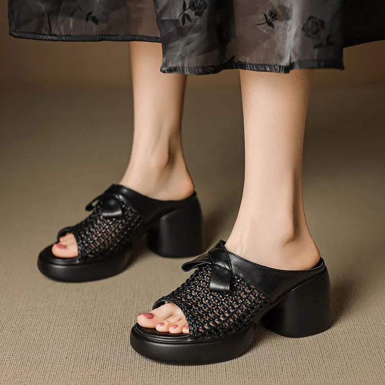 一字拖鞋女款外穿时尚2025年新款粗跟小个子厚底高跟编织镂空凉拖