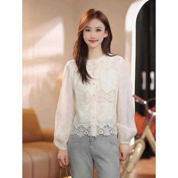 2025春季新款优雅花边蕾丝衫开衫洋气法式白衬衫女长袖百搭上衣