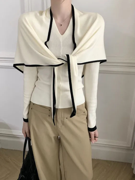 Muzi慕子 高弹羊毛针织上衣两件套披肩式简约设计感上衣女秋冬