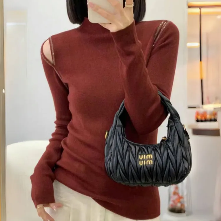 温尔家半高领露肩秋冬打底衫女亮钻超好看安可拉红爆款长袖针织衫