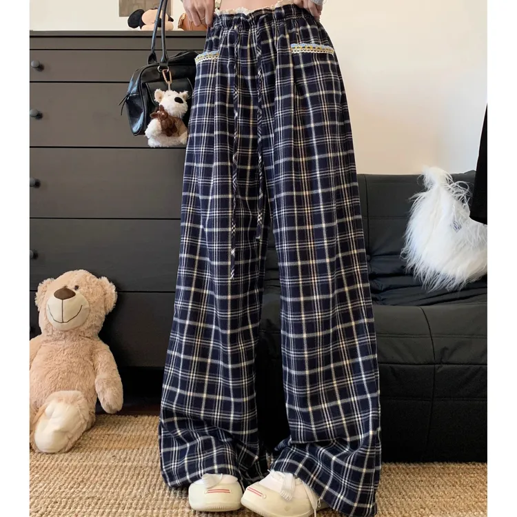 蓝色格子休闲裤女早秋季2025秋季新款高腰直通阔腿长裤