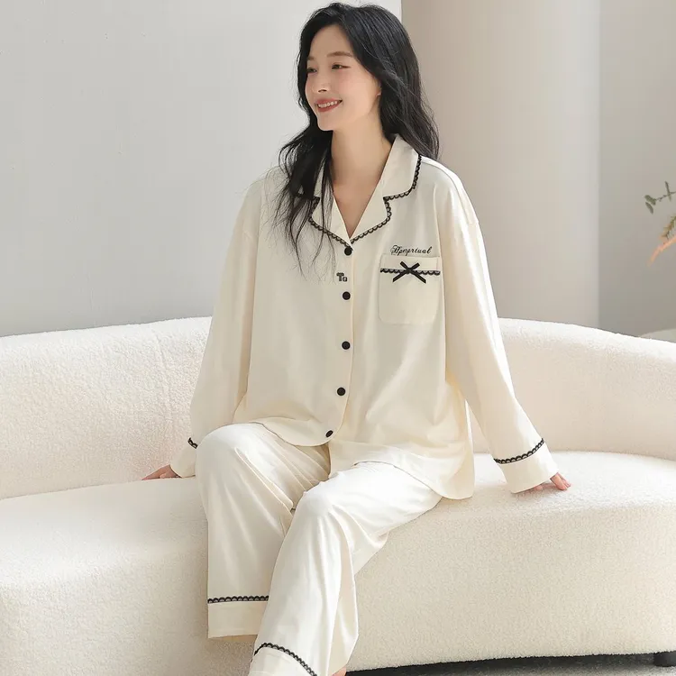 100%纯棉睡衣长袖家居服套装透气春秋季不带胸垫睡衣家居服女士