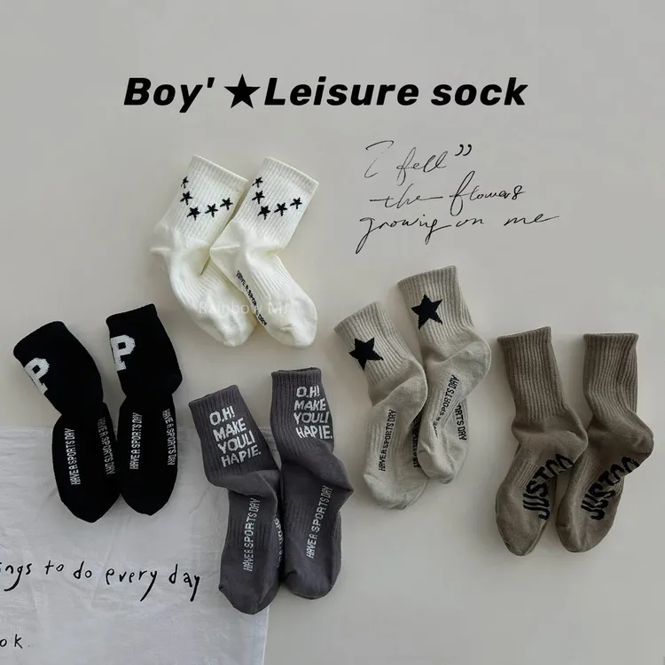 儿童袜子春秋男童韩版ins字母运动中筒袜中大童复古吸汗潮袜秋季