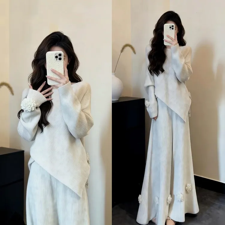 2025秋冬新款韩系温柔风时尚宽松针织毛衣+花朵半身裙气质套装女
