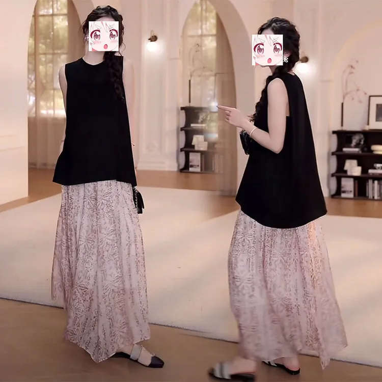 2025年夏季时尚圆领百搭无袖上衣垂感潮流个性提花半身裙子两件套