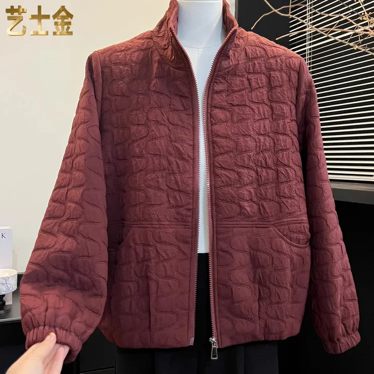 妈妈安哥拉红立领棒球服外套2025秋季新款中老年宽松休闲夹棉上衣