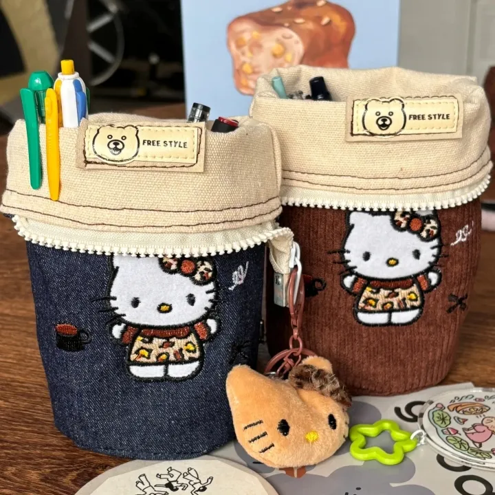 新款灯芯绒豹纹kitty笔袋女文具袋学生可爱创意笔筒化妆刷收纳袋