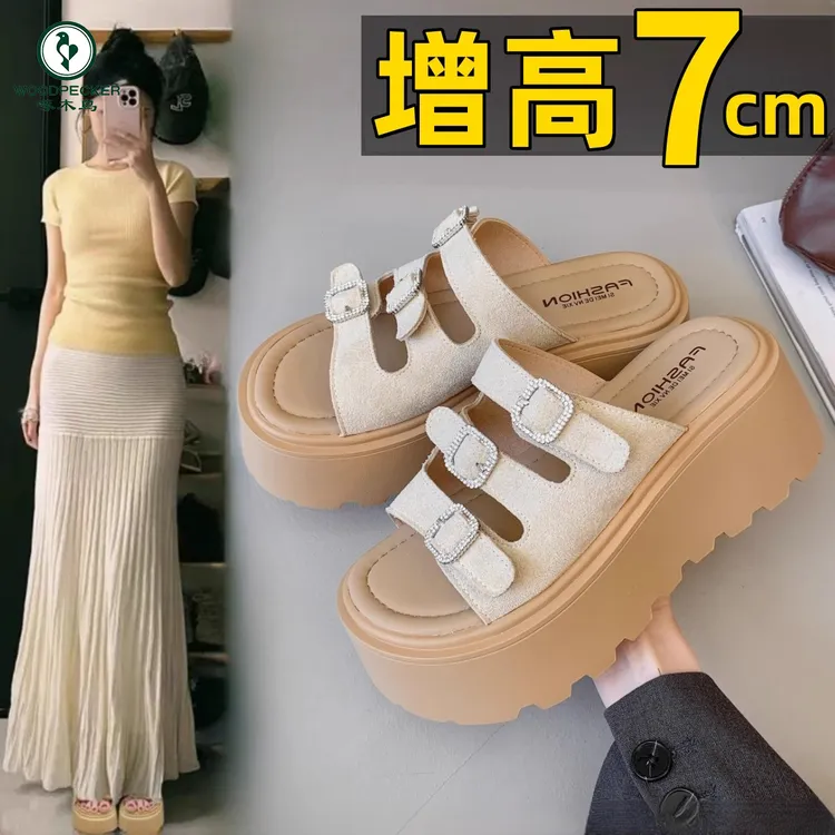 啄木鸟小个子厚底增高7cm勃肯拖鞋女2025夏新款外穿松糕沙滩凉拖