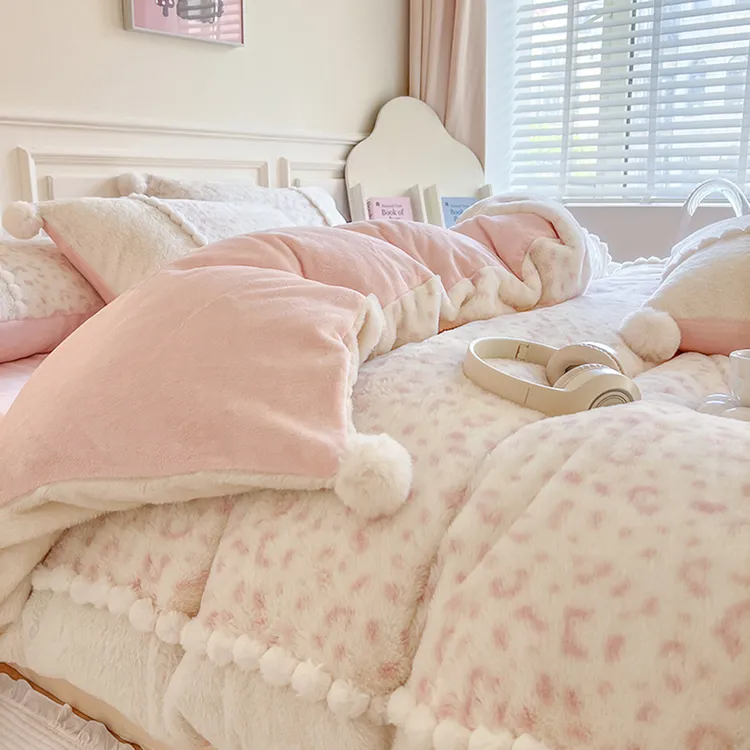 加厚加绒兔兔绒四件套公主风珊瑚绒双面绒被套少女牛奶绒床单冬季