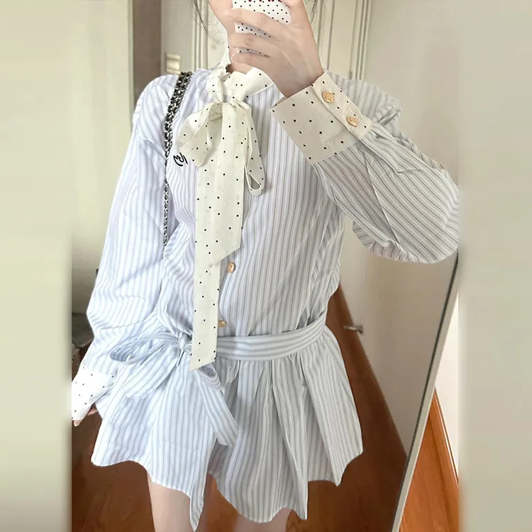 【小晗专属】学院风长袖条纹衬衫连衣裙女小个子收腰设计高级感穿搭