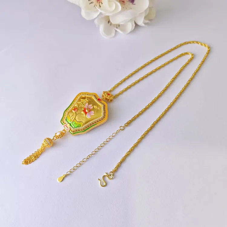 吴越老银铺 坠链均足银珐琅 足银999花开富贵项链国风银项链