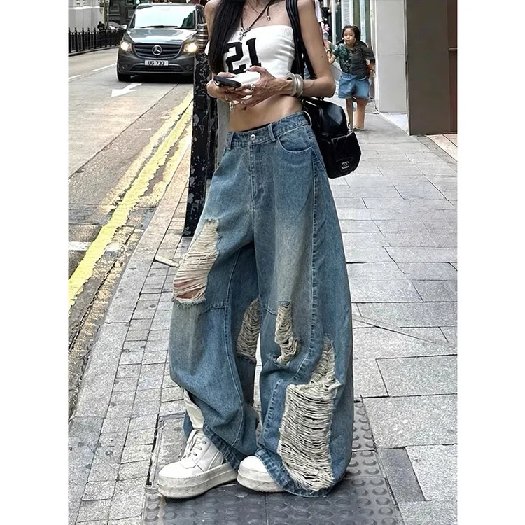 300斤大码女装美式复古做旧蓝色破洞牛仔裤女夏季新款宽松阔腿裤