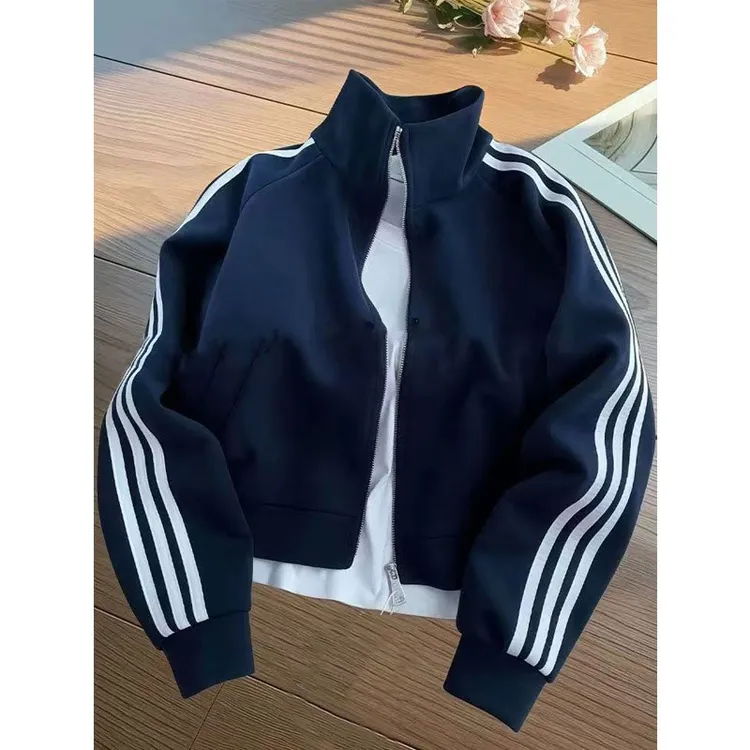 藏青色三条杠开衫外套男女立领棒球服夹克春秋新款美式高街风上衣