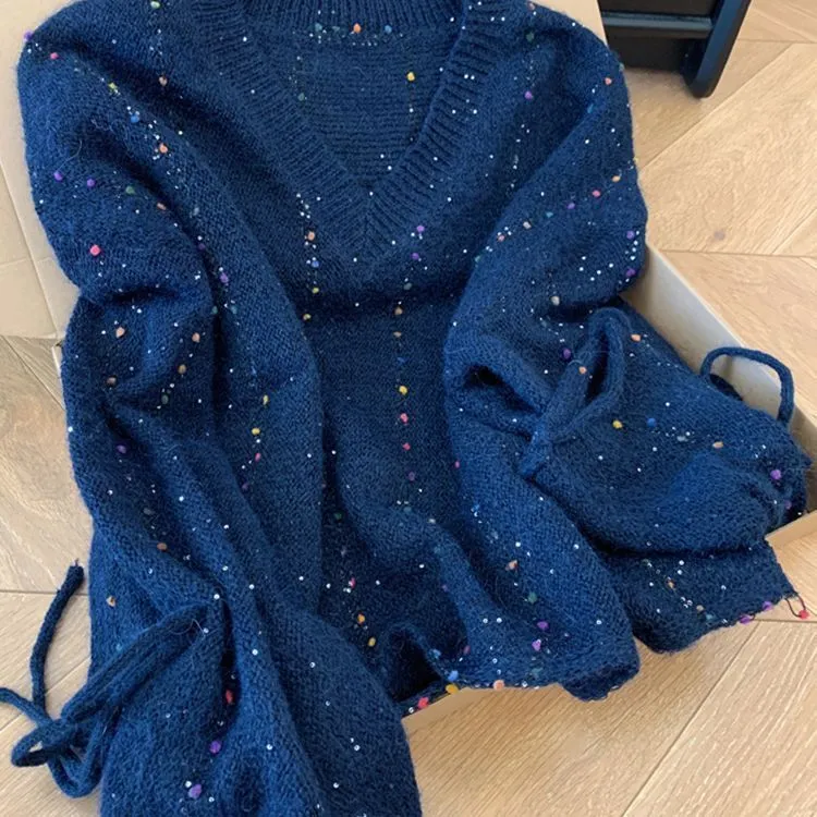 藏蓝色喇叭袖复古v领套头长袖宽松外穿毛衣女士慵懒风高级感上衣