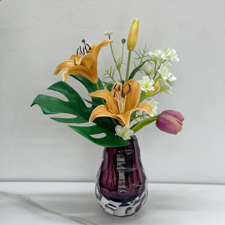 高端大气现代 简约ins风餐桌装饰百合仿真花水晶花瓶摆件茶几花艺