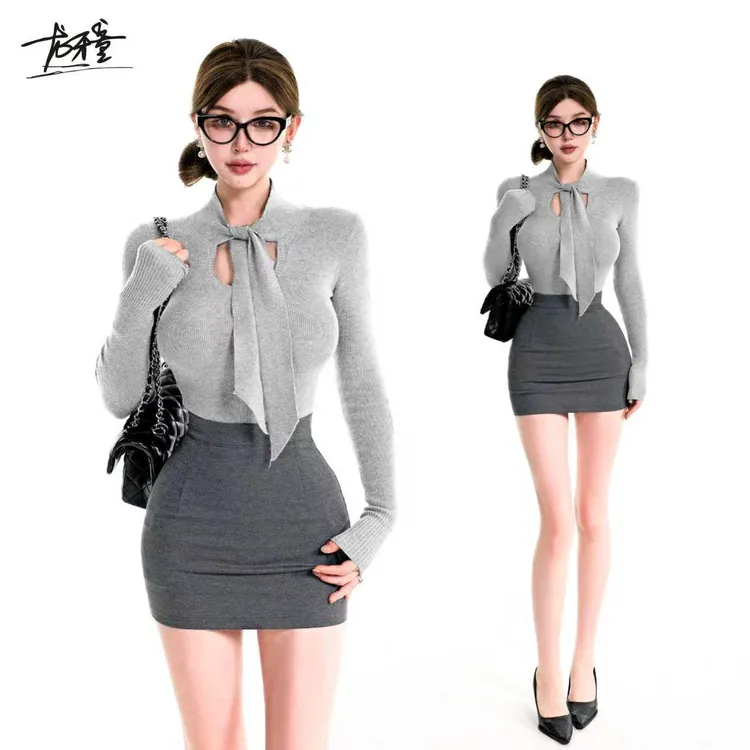 龙牙童推荐【假日标尺套装】时尚高腰烫钻半身裙时尚长袖包臀裙辣妹