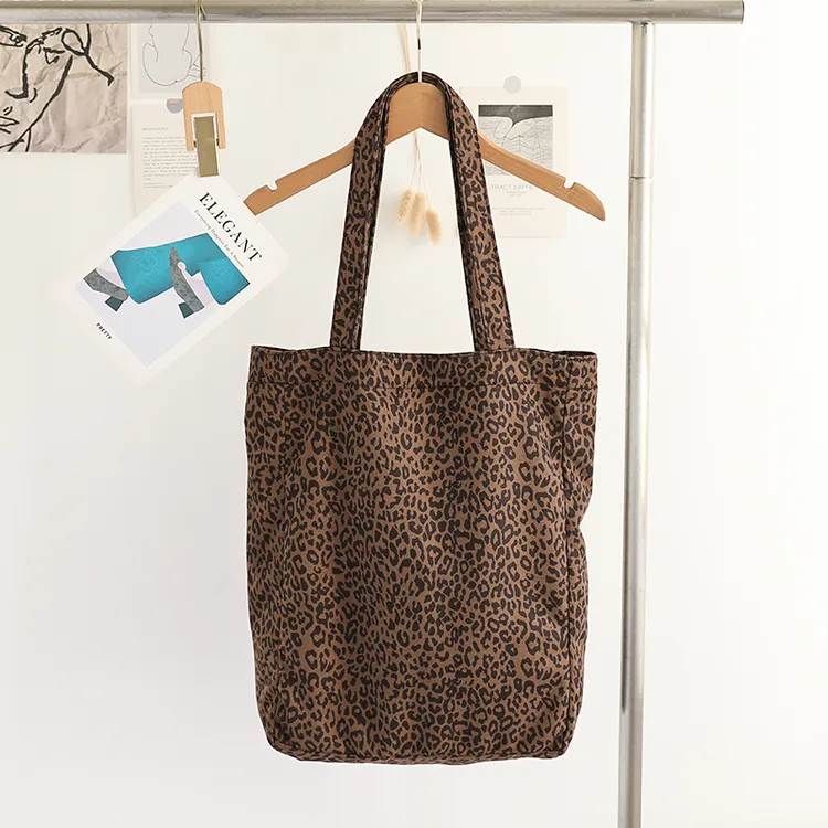 日系休闲豹纹帆布包女复古质感托特包小众简约学生上课单肩腋下包