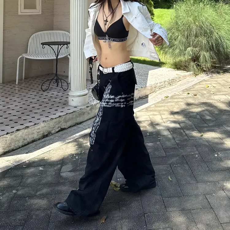 美式复古做旧水洗直筒宽松十字架牛仔裤女街头阔腿裤黑色休闲长裤