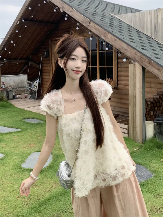 《现货现发》韩版甜美重工立体网纱蓬蓬下摆小飞袖上衣高腰百搭阔腿