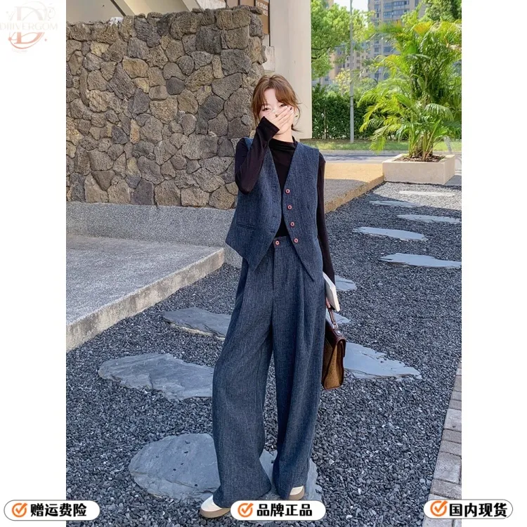 2025新款老钱风春秋季高级感马甲套装女韩系气质通勤阔腿裤两件套