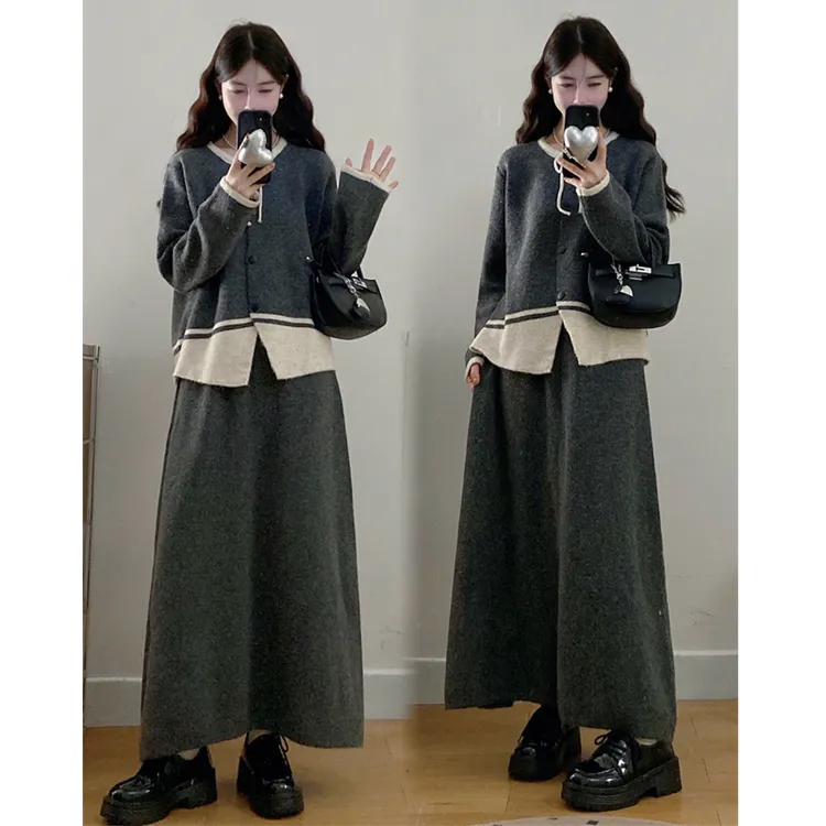 大码胖mm秋季新款高级感系带蝴蝶结针织毛衣外套半身裙两件套装女