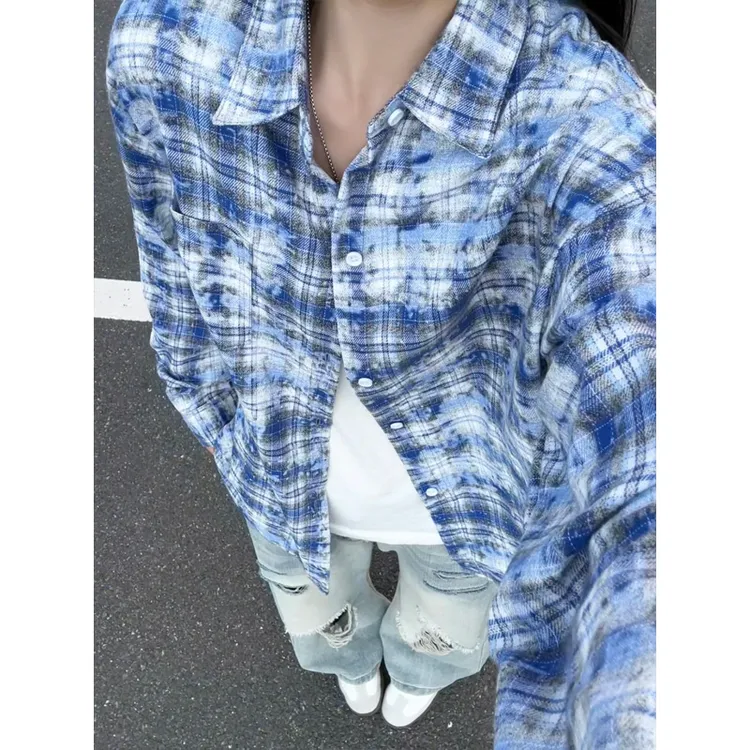 美式扎染蓝色格子衬衫男款秋季设计感长袖衬衣慵懒风cleanfit外套