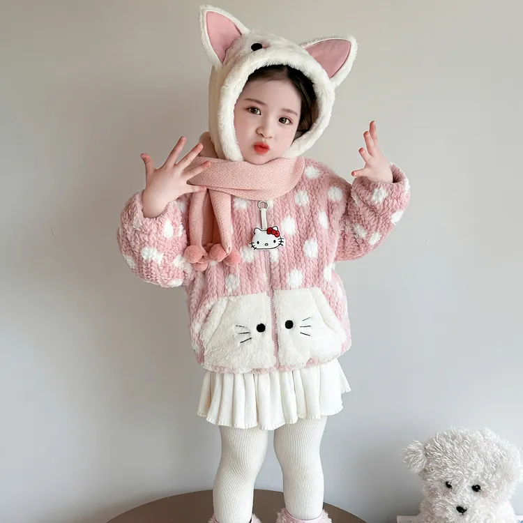女童卡通加绒外套秋冬季2025新款儿童洋气加厚毛毛衣宝宝可爱棉衣
