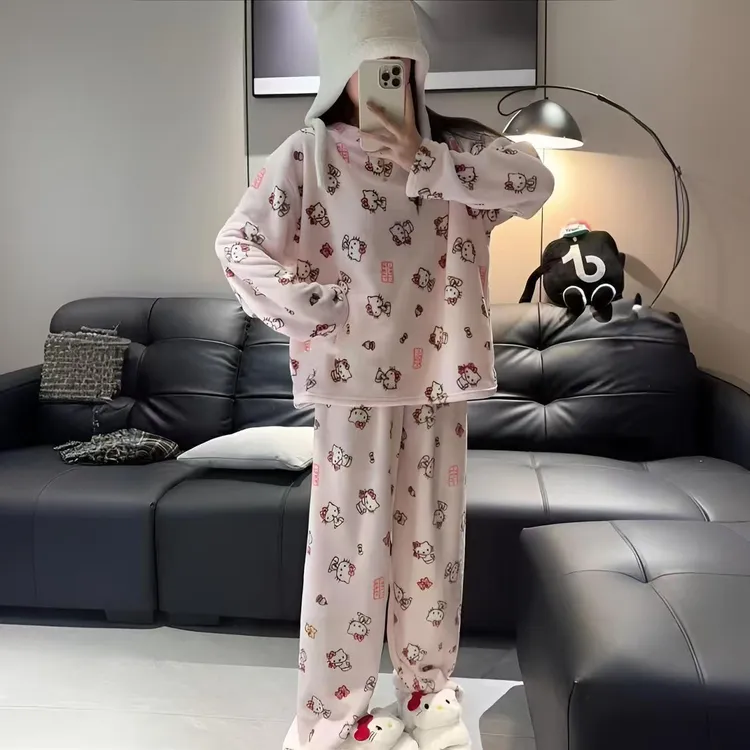 【套装双面绒】冬季法兰绒睡衣女宽松加绒甜美保暖暖裤家居家服套装